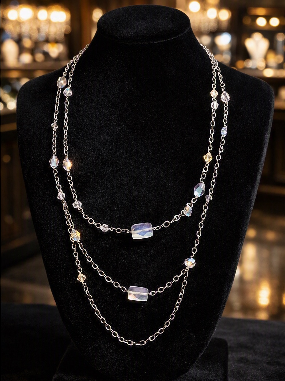 Vintage 925 Aurora Borealis Crystal Necklace – 47” Opera-Length Statement Piece